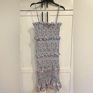 Smocked Blue and Red Floral Midi Dress